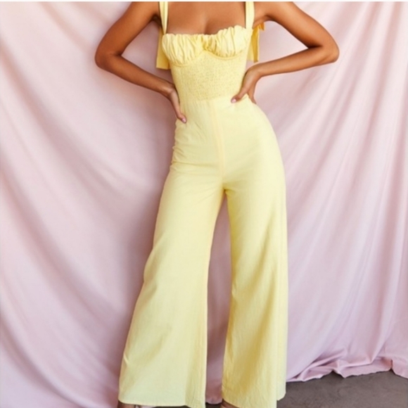 House of CB Rommi Yellow Bustier Jumpsuit Shoulder Tie Linen Size Small - Picture 9 of 9